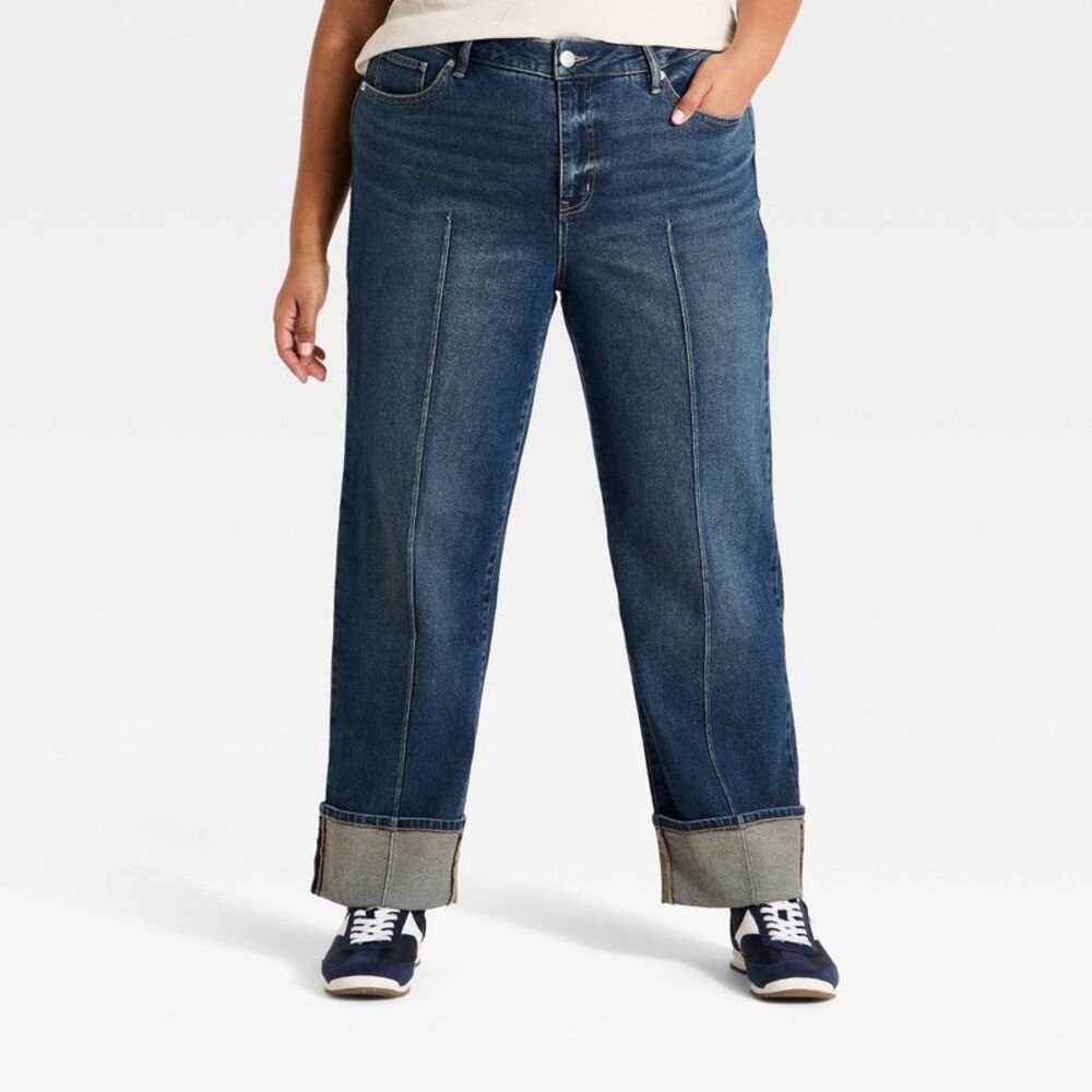 Women's Plus High-Rise Pintuck Straight Leg Denim Jeans - Ava & Viv Dark Wash 18